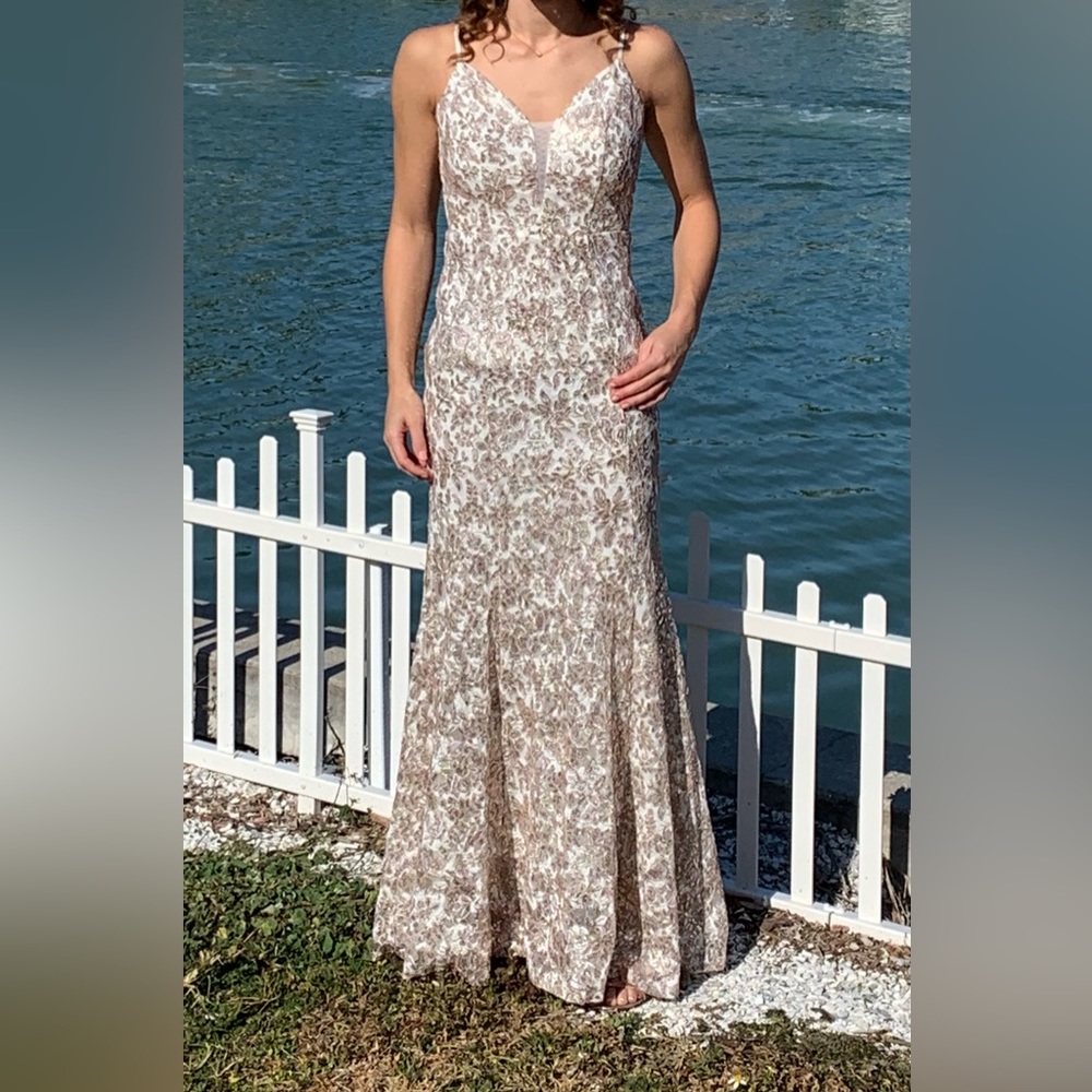 White lace and rose gold sequence full length dress | size 5